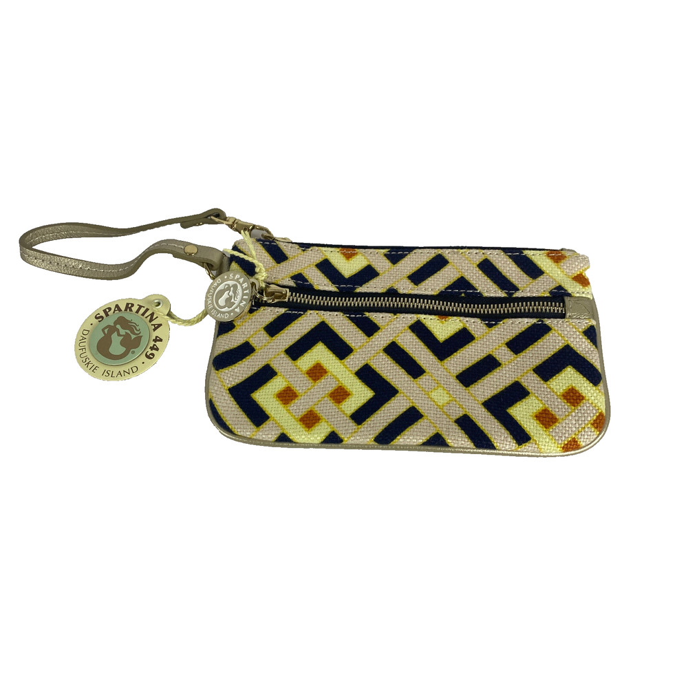 NWT Spartina 449 Daufuskie Wristlet Wallet Linen Leather Navy Beige Geometric